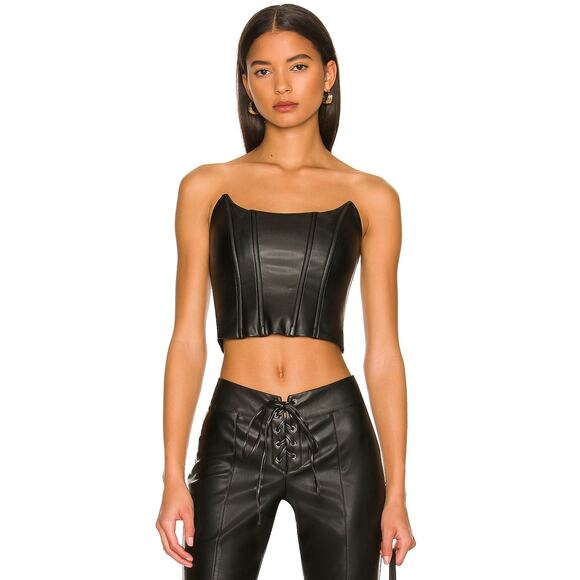 h:ours Charmaine Top Faux Leather Crop Corset in Black Size Medium - Picture 1 of 8